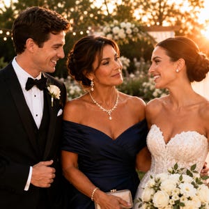 Elegant mother of the bride standing with the bride and groom at an outdoor sunset wedding, wearing an off-the-shoulder navy blue formal dress accessorized with The Aurora 18k gold floral vine teardrop necklace and matching drop earrings set by Areshna, featuring brilliant Swarovski crystals and Diamonash lab diamond simulants.