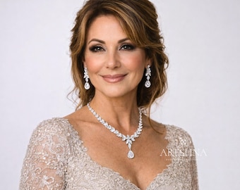 THE ELARA | Mother of the Bride Teardrop Jewelry Set: 14K White Gold Floral Vine Marquise Diamond Necklace and Earrings for Wedding & Gala