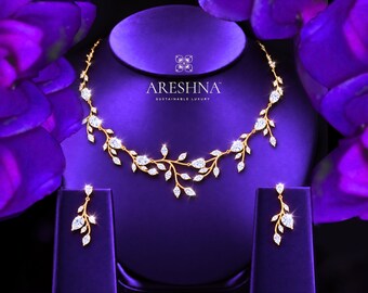 THE DORELLA | 18K Gold Diamond and Swarovski Crystal Floral Leaf & Vine Bridal Jewelry Set: Luxury Necklace and Earrings, Gift for Her