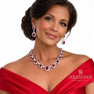 THE VICTORIA | Mother of the Bride Ruby Red Necklace Bridal Set: 14K White Gold Diamond Halo Statement Jewelry for Wedding & Gala, Gift Mom