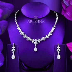 THE ELARA | Teardrop Swarovski & Diamond Bridal Jewelry Set: 14K White Gold Floral Vine Marquise Necklace and Earrings for Wedding and Gala
