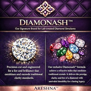 Official Diamonash™ infographic by Areshna™ showcasing precision-cut lab-created diamond simulants. Detailed technical comparison featuring a brilliant D-colorless white stone and vibrant colored gems. Text describes an exclusive formula engineered for a refractive index that exceeds traditional crystals, offering the fire, clarity, and durability of a natural diamond. Luxury editorial presentation with signature purple and rose gold branding.