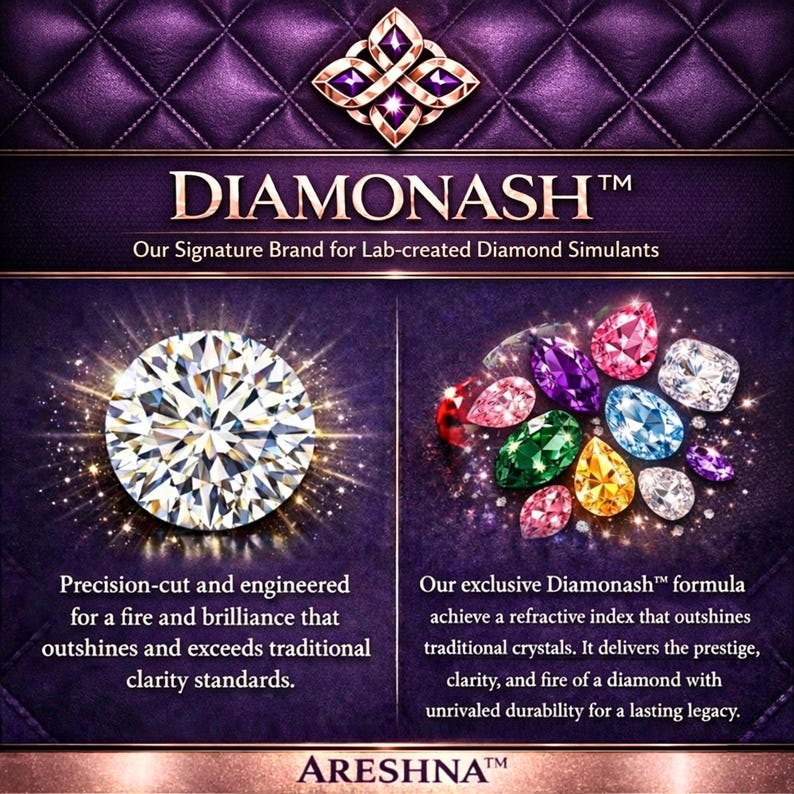 Official Diamonash™ infographic by Areshna™ showcasing precision-cut lab-created diamond simulants. Detailed technical comparison featuring a brilliant D-colorless white stone and vibrant colored gems. Text describes an exclusive formula engineered for a refractive index that exceeds traditional crystals, offering the fire, clarity, and durability of a natural diamond. Luxury editorial presentation with signature purple and rose gold branding.