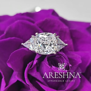 4 Carat Cushion Cut Lab Created Diamond Engagement Ring Wedding Ring Promise Anniversary Sterling Silver 3 Stone Diamond Ring Gift for Her