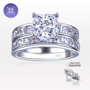 Princess Cut Lab Diamond Engagement Ring Set: 925 Sterling Silver