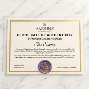 Official Areshna Boutique Certificate of Authenticity for Elite Series jewelry. Detailed specifications for High-Carbon Hybrid Diamond and Solid .925 Sterling Silver with 14K White Gold Vermeil. Luxury jewelry certification with handcrafted purple and gold wax seal on marble background.
