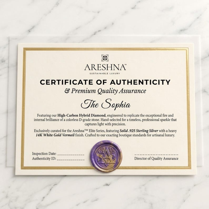 Official Areshna Boutique Certificate of Authenticity for Elite Series jewelry. Detailed specifications for High-Carbon Hybrid Diamond and Solid .925 Sterling Silver with 14K White Gold Vermeil. Luxury jewelry certification with handcrafted purple and gold wax seal on marble background.