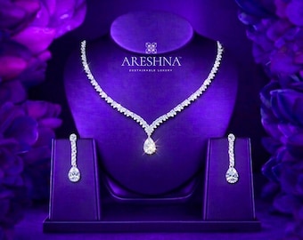 THE CATHALINA | Diamond and Swarovski Crystal Bridal Jewelry Set: 14K White Gold Teardrop Necklace and Earrings, Luxury Wedding Gift