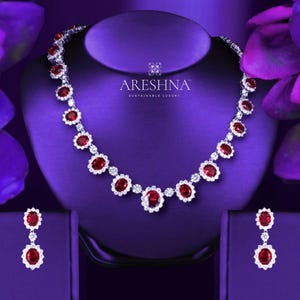 THE VICTORIA • Ruby Red Bridal Jewelry Set: Swarovski & Diamond Necklace Earrings, 14K White Gold Red Vintage Halo Luxury Wedding Jewelry