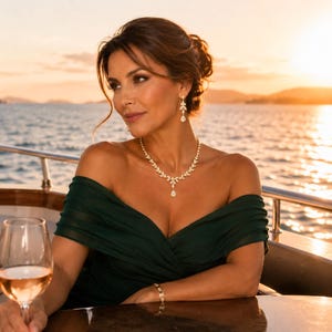 Luxury lifestyle bridal jewelry set in 18K gold finish with brilliant leaf shaped DIAMONASH crystals worn by a sophisticated woman in an emerald green gown on a luxury yacht sunset cruise.