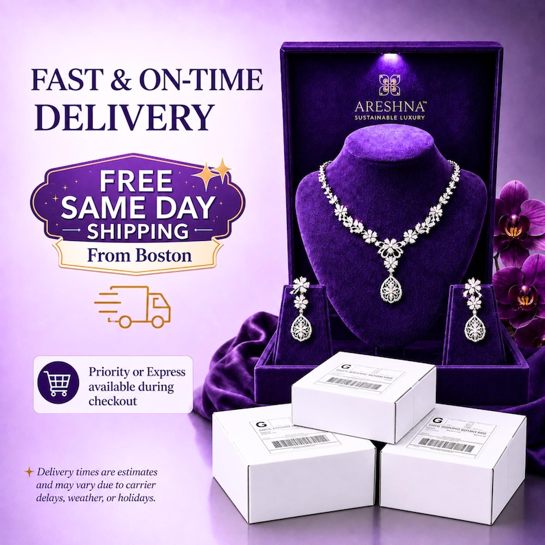 Fast and on-time delivery for luxury bridal jewelry with FREE same-day shipping from our Boston studio. Each piece arrives completely gift-ready, beautifully packaged in signature velvet boxes with custom wax seals and handwritten notes. USPS Priority Mail delivers in 1–3 business days. Perfect for weddings, bridal gifts, anniversaries, and special occasions from a woman-owned small business.