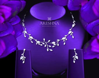 THE VIVIAN | Diamond and Swarovski Crystal Floral Leaf & Vine Bridal Jewelry Set: 14K White Gold Necklace and Earrings, Gift for Her