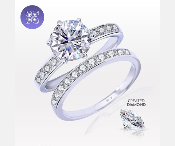2 Carat Round Lab Diamond Engagement Ring Set: 925 Sterling Silver