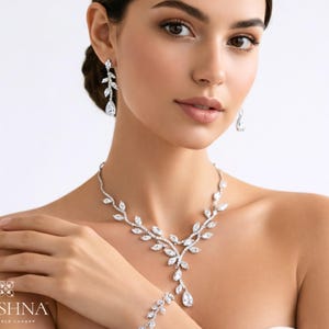 THE ELYSIA | Bridal Leaf Vine Necklace Set: 14K White Gold Diamond Floral Wedding Necklace, Statement Botanical Swarovski Necklace Earrings