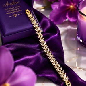 Areshna™ The Aurora 18K gold-plated crystal tennis bracelet crafted with Swarovski elements and Diamonash™ lab-created diamond simulants, showcased next to the brand's signature royal purple presentation box.