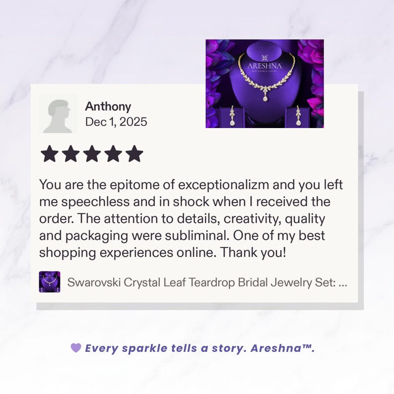 Customer review for Areshna Aurora bridal jewelry set featuring a 5-star rating and testimonial about exceptional quality, luxury packaging, and creative design. The image shows a gold marquise leaf teardrop necklace and earrings on a royal purple display against a marble background.