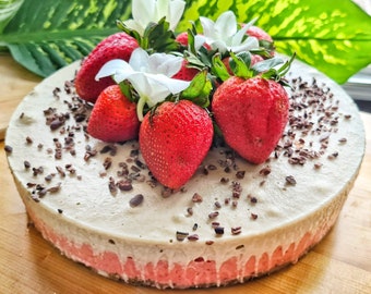 Tarta de queso con fresas cruda vegana, tarta de queso con crema de fresas, sin gluten, sin cereales, sin lácteos, apta para diabéticos, descarga digital