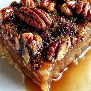 Könnte beinhalten: Nahaufnahme eines Pecan-Kuchen mit einer klebrigen Karamellsauce. Der Kuchen ist mit Pekannüssen gefüllt und hat eine goldbraune Kruste.