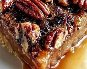 Puede incluir: Primer plano de una tarta de pacanas con una salsa de caramelo pegajosa. La tarta está rellena de pacanas y tiene una corteza dorada.