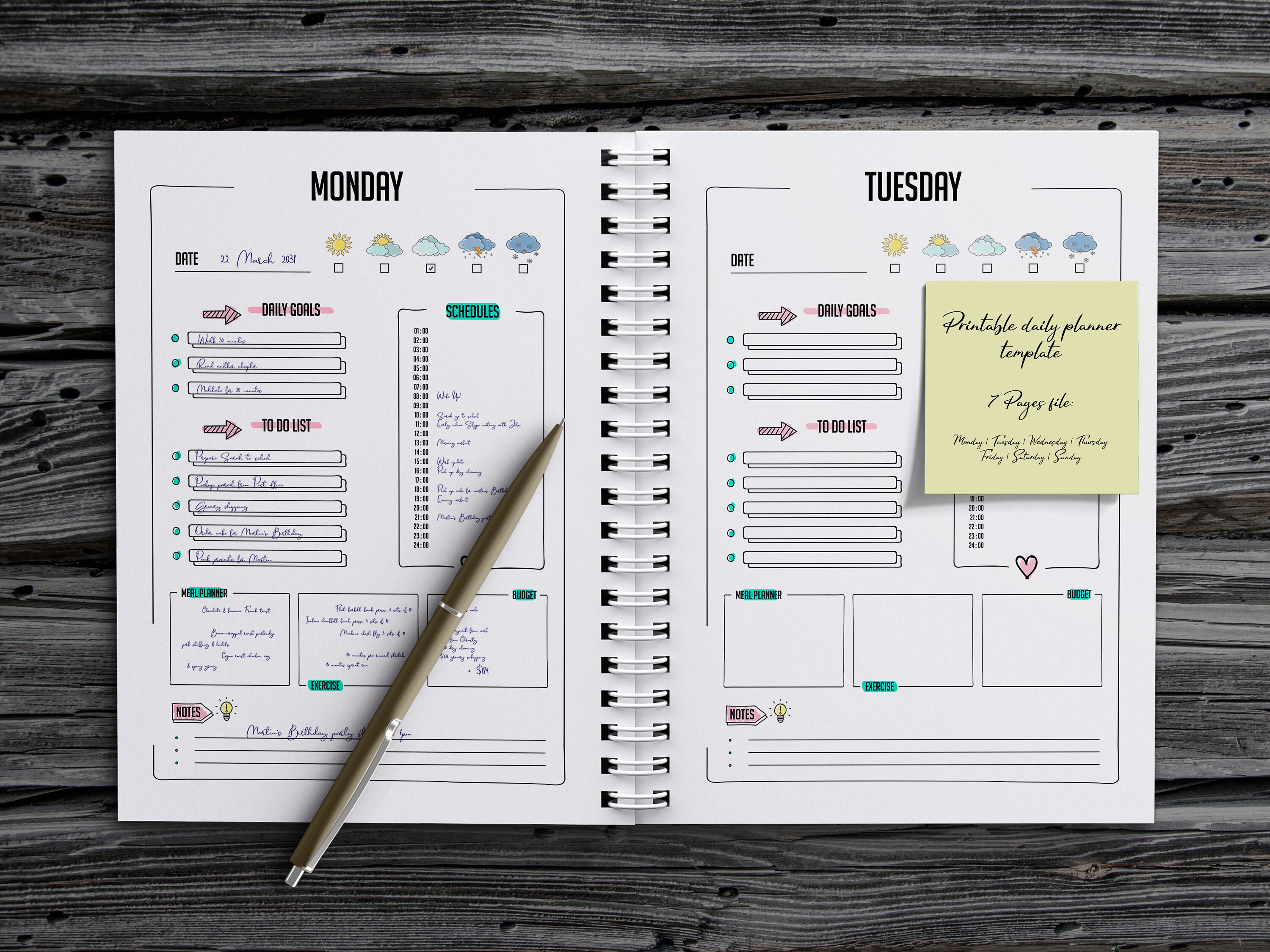 printable 7 day planner daily planner template day planner etsy