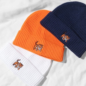 Tiger Beanie Embroidered Unisex Heavy Knit Winter Waffle Hat with Cute Tiger Design Harbour Style Beanie for Him and Her image 1
