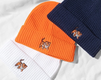 Tiger Beanie - Embroidered Unisex Heavy Knit Winter Waffle Hat with Cute Tiger Design - Harbour Style Beanie for Him and Her