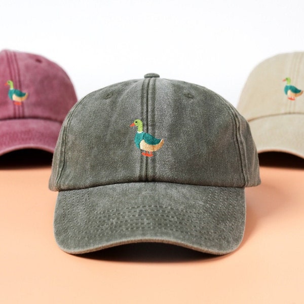 Cotton Cap Duck Embroidery Design | Embroidered in UK | Vintage Washed Out Style Unisex SnapBack Dad Hat with Embroidered Duck