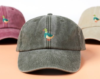 Cotton Cap Duck Embroidery Design | Embroidered in UK | Vintage Washed Out Style Unisex SnapBack Dad Hat with Embroidered Duck