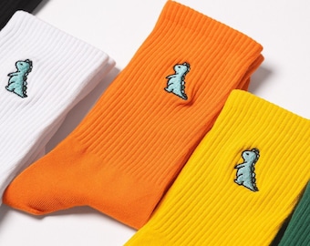 Embroidered Dino Socks - Unisex Cotton Crew Socks UK - Happy, Cute, Stylish embroidery Dinosaur Sock - Great gift idea for him her friends