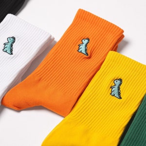 Embroidered Dino Socks - Unisex Cotton Crew Socks UK - Happy, Cute, Stylish embroidery Dinosaur Sock - Great gift idea for him her friends