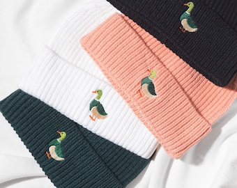Duck Embroidered Beanie - Unisex Heavy Knit Winter Waffle Hat with Mallard Design - 8 Colours Harbour Style Beanie for Him and Her