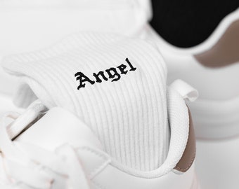 Embroidered Angel Text Socks - Personalised Unisex Cotton Crew Socks with ‘ Angel ‘ Embroidery - With Alternative Custom Text Option