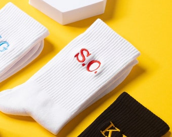 Personalised Initials Socks - Custom Embroidered Initials on Unisex Cotton Crew Socks - Made to Order & Made in Britain