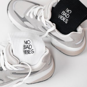 Embroidered Socks - Custom Text No Bad Vibes Unisex Cotton Sock - Street Style Crew Cotton Socks with Embroidery in Black and White