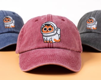 Casquette vintage avec broderie Space Cat | Brodé au Royaume-Uni | SnapBack en coton, chapeau papa, chapeau d'été, casquette de baseball, casquette cool | Idée cadeau pour lui elle