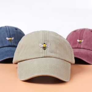 Embroidered Bee Hat - Unisex Vintage Washed Out Style Cotton Cap UK - Bee Embroidery Design on Baseball Cap - Great Gift for him & her