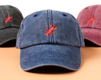 Lobster Cap | Embroidered Lobster on Vintage Washed Out Style Baseball Hat | Unisex Cotton Cap