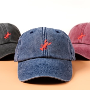 Lobster Cap | Embroidered Lobster on Vintage Washed Out Style Baseball Hat | Unisex Cotton Cap