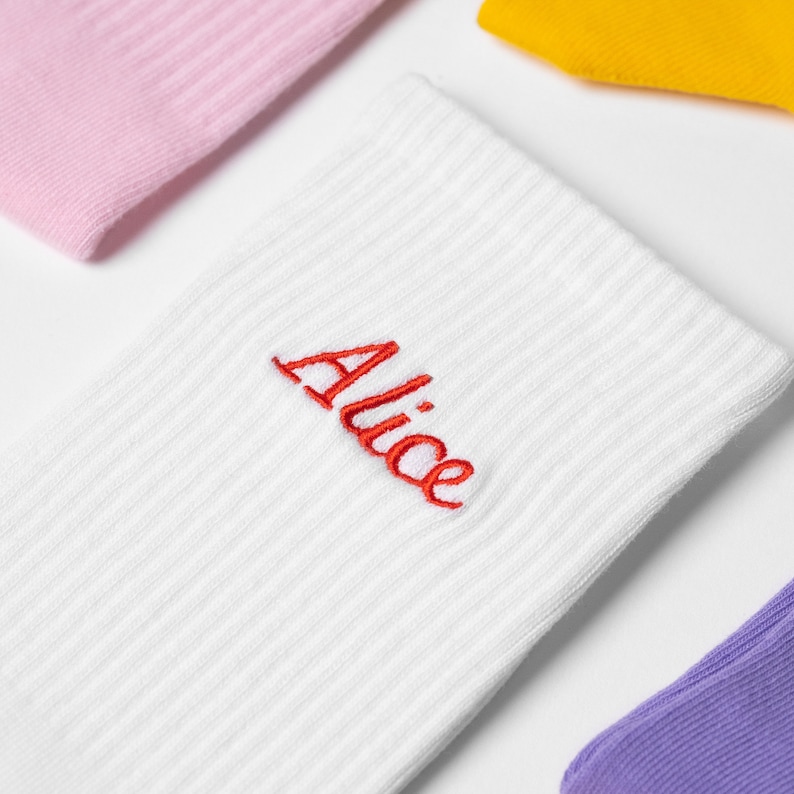 White cotton ribbed socks with female name embroidered in red