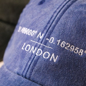 Custom Baseball Cap Personalised Embroidered Hat with Your Favourite Location Coordinates Washed Out Cotton Vintage Style Dad Hat image 4