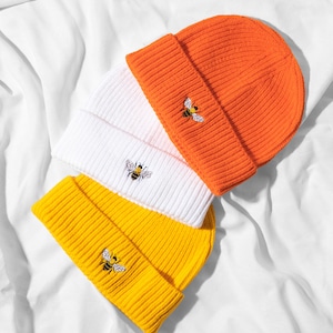 Bee Embroidered Beanie: Unisex Waffle Knit Winter Hat