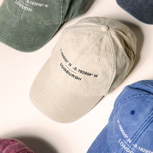 Custom Baseball Cap Personalised Embroidered Hat with Your Favourite Location Coordinates Washed Out Cotton Vintage Style Dad Hat image 2