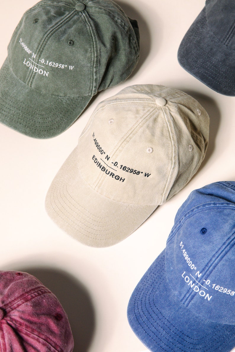 Custom Baseball Cap Personalised Embroidered Hat with Your Favourite Location Coordinates Washed Out Cotton Vintage Style Dad Hat image 2