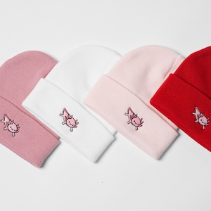 Axolotl Embroidered Beanie - Unisex Cotton Hat for Men & Women - Winter Cute and Cosy Cuffed Beanie - Great gift for him and her, birthday