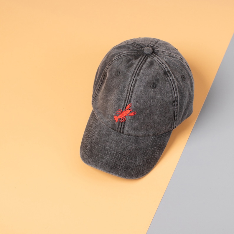 Lobster Cap Embroidered Lobster on Vintage Washed Out Style Baseball Hat Unisex Cotton Cap Black