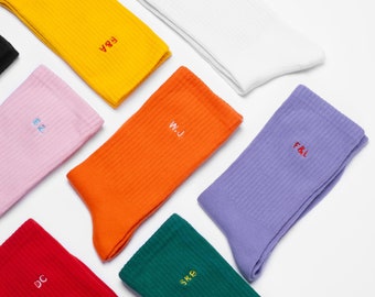 Socks with Initials - Custom Mini Initials Embroidered on Personalized Cotton Crew Socks - Unisex Casual Socks  - Made for Him and Her