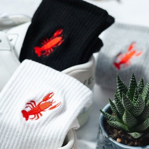Lobster Socks - Embroidered Unisex Crew Sock | UK Made to order happy, cute, couples, skater, casual socks | Great gift idea for him & her