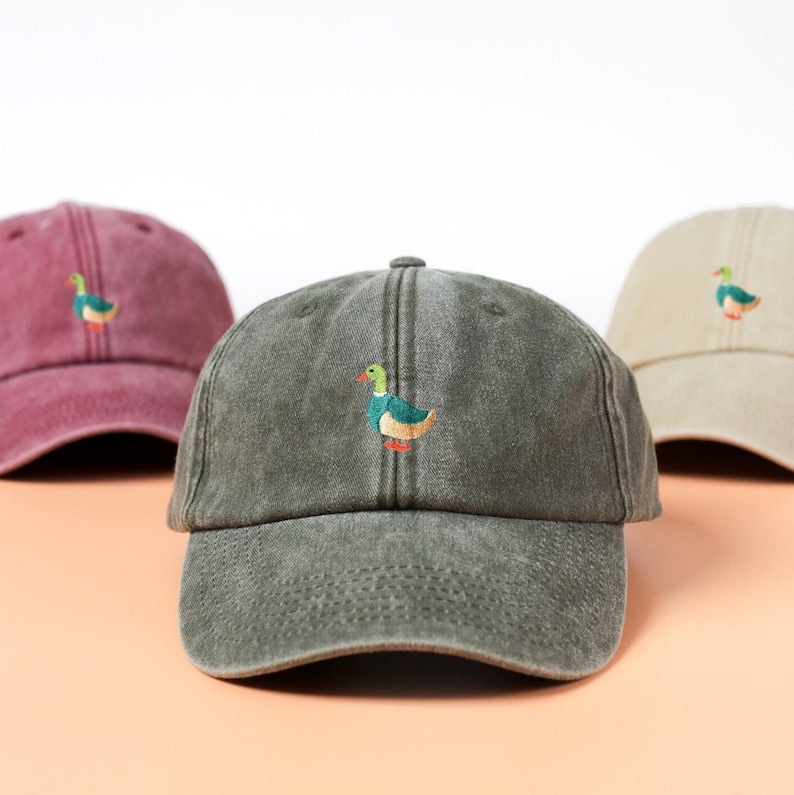 Cotton Cap Duck Embroidery Design Embroidered in UK Vintage Washed Out Style Unisex SnapBack Dad Hat with Embroidered Duck image 1