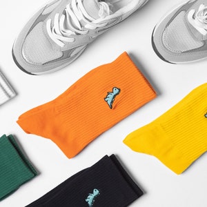 Selection of casual ribbed socks with custom embroidered dinosaur on them