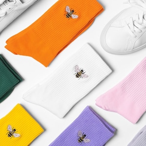 Embroidered Bee Cotton Socks: Unisex Crew Socks